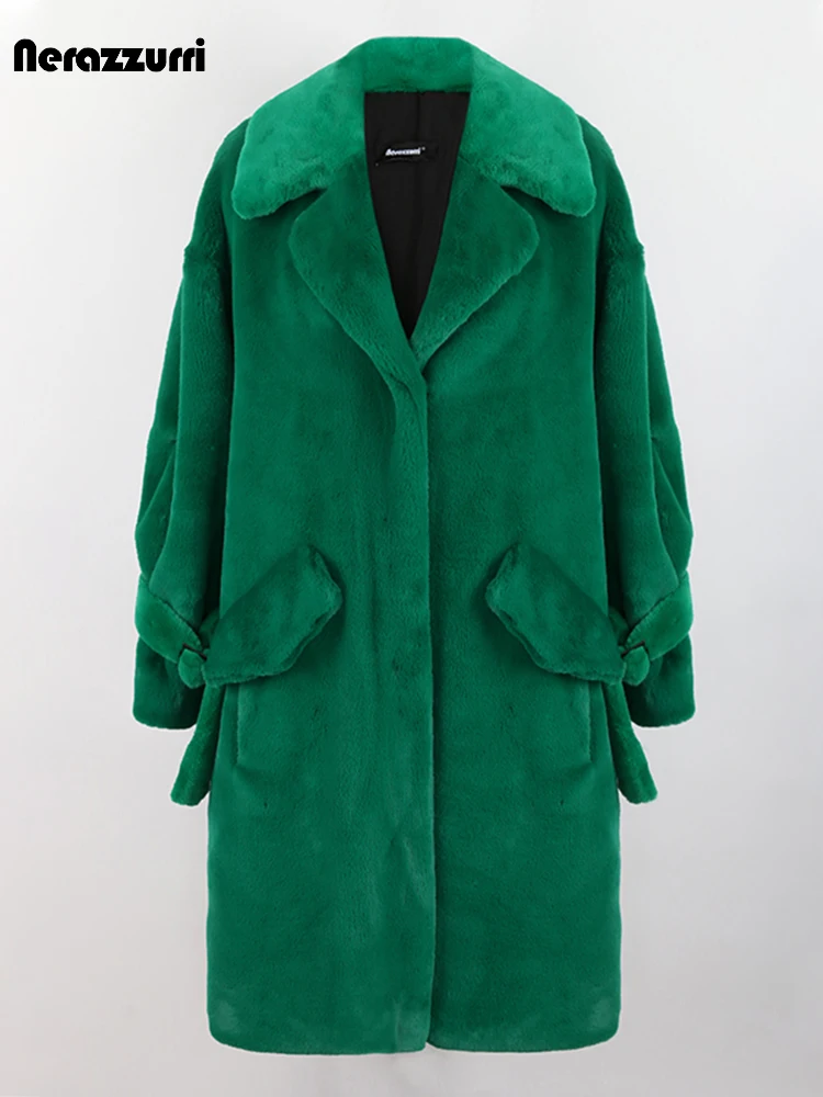 Nerazzurri Autumn Winter Long Green Oversized Thick Warm Soft Faux Fur Coat Women with Back Slit Loose Casual Fluffy Jacket 2024