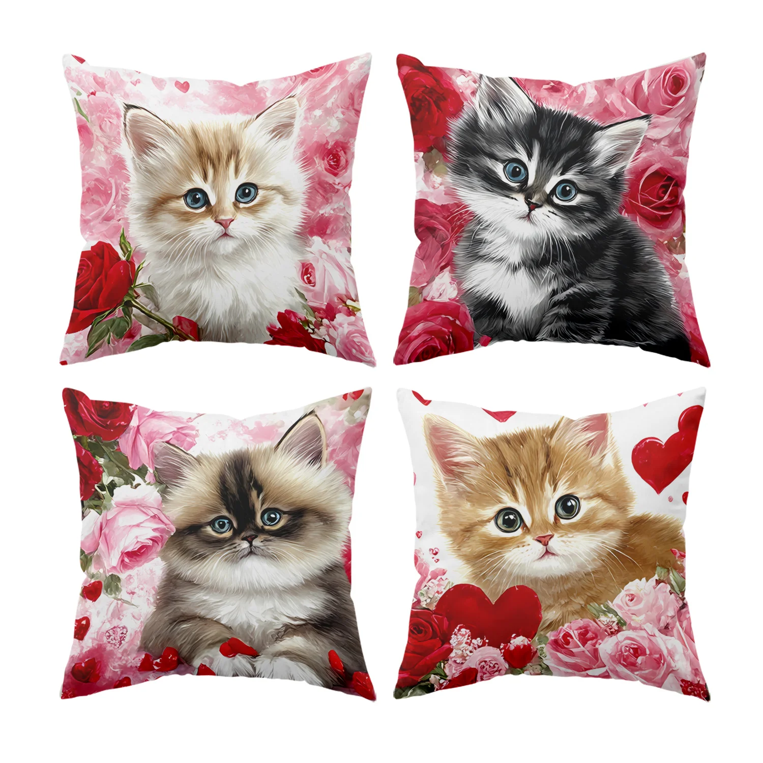 Loving Cat Art Throw Pillow Covers, Cute Kitten with Red Heart & Rose Bouquet Print Cushion Cases, Warm Romantic Aesthetic Decor