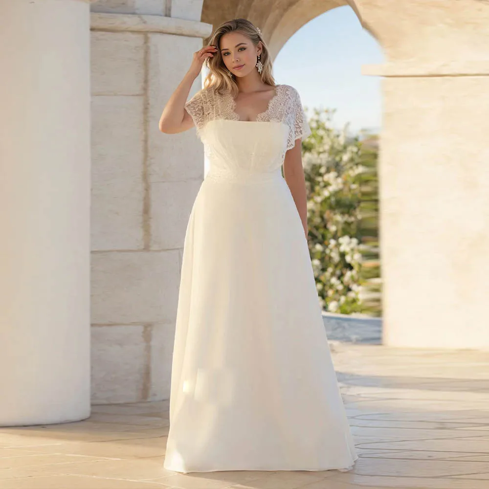 Classic Plus Size Chiffon Wedding Dresses For Bride Square Collar A-Line Bridal Gowns Sheer Lace Shawl Brides dress Customized