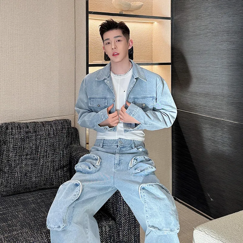 IEFB Spring new fashion men\'s denim set niche design washed short jacket three-dimensional multi pocket wide leg pants 9C5148