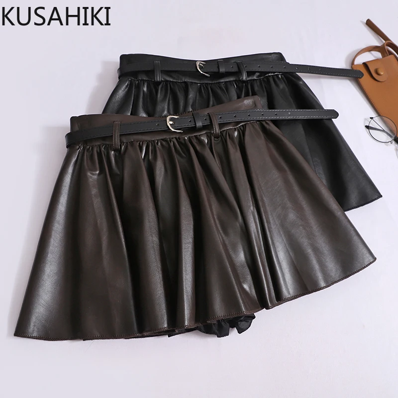 

KUSAHIKI PU Short Skirt with Belt Women's 2024 Autumn New High Waisted A-line Mini Leather Skirts Mujer Faldas