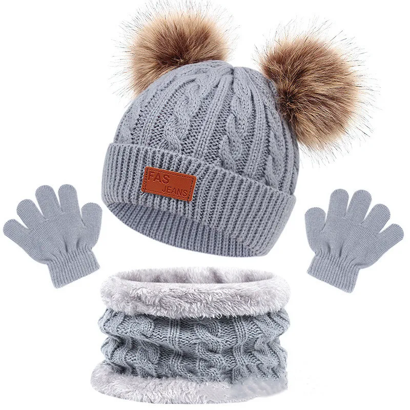 1-5Y Autumn Winter Children Baby Knit Gloves Hat Scarf 3pcs Suit Fur Balls Outdoor Windproof Warm Kids Muffler Cap for Boy Girl