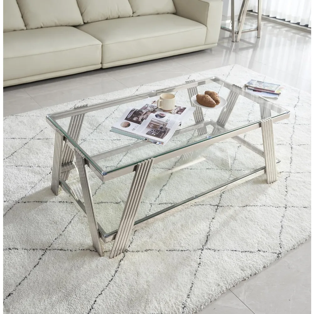 

47 Modern Coffee Table, Double-Layer Clear Tempered Glass Table Top with Stainless Steel Frame, Center Table with Storage