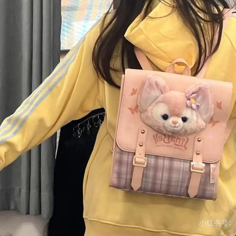 디즈니 더피 셀리메이 귀여운 아카데미 스타일 플러시 더블 버튼 지퍼 대용량 학생 배낭 여행 배낭 소녀 선물