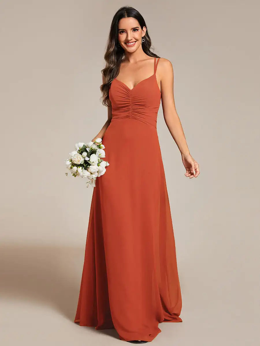 Elegant Evening Dresses V-Neck Flowy Pleated Adjustable Straps 2024 Ever Pretty of  Burnt Orange Chiffon Bridesmaid Dress