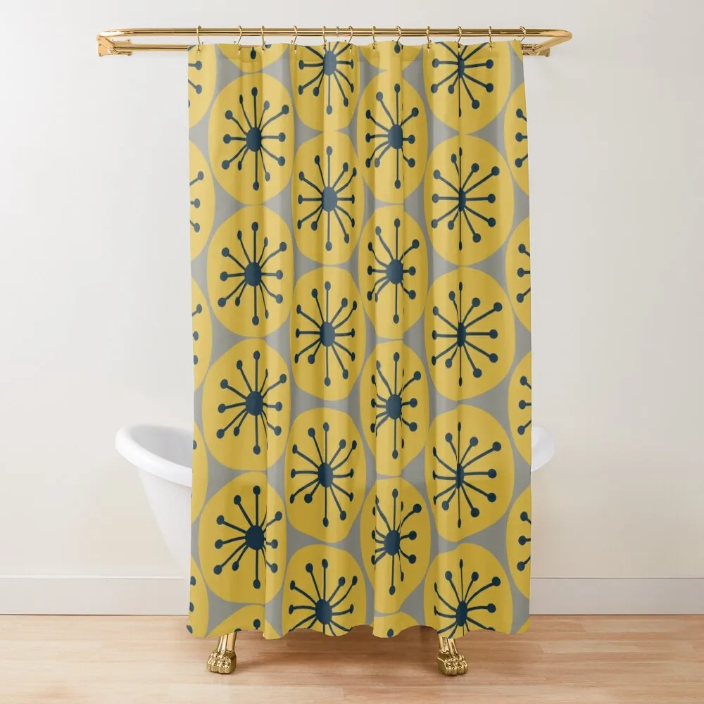 

Atomic Retro Dots - Midcentury Modern Pattern in Light Mustard, Navy Blue, and Grey Shower Curtain