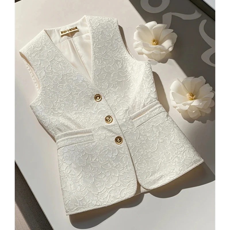 

White Jacquard Vest Female Spring High-grade Sleeveless Sense Super Beautiful Unique Beautiful Temperament Vest Waistcoat Ladies