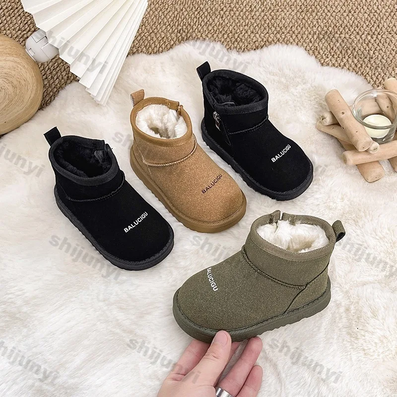 2026 Children's Snow Boots Winter Plush Thickened Girls' Platform Cotton Boots Boys' Anti Slip Frosted Suede Short Boots