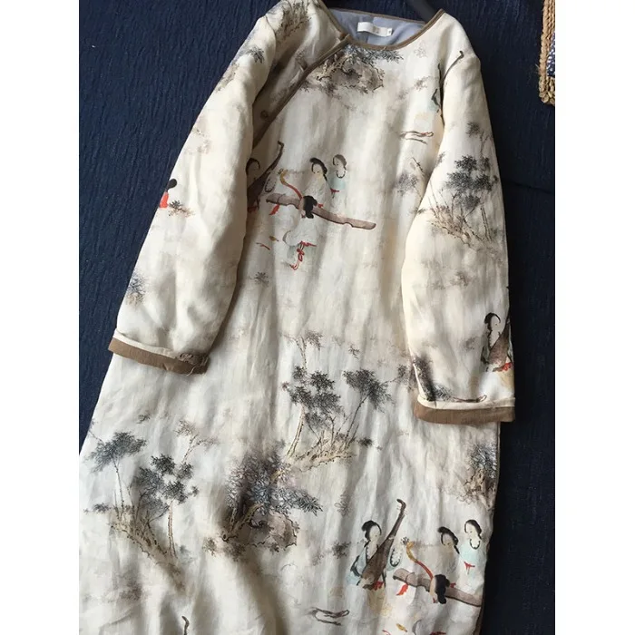 Nuevo chino Sle Zen Tea Dr mujer Otoño Invierno estampado Retro abotonado mezcla de algodón y lino longitud media de una sola pieza Dr