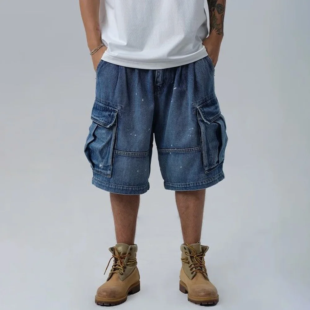 Shorts jeans de bolso múltiplo Y2k masculino, calças retas soltas de perna larga de cinco pontos, tendência da moda verão, 2024