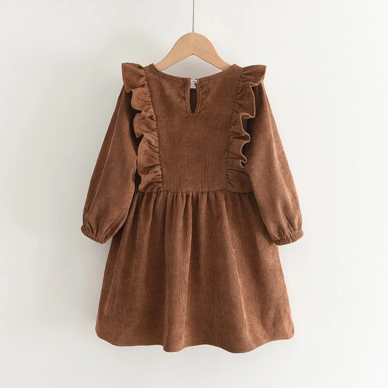 Girls' Dress Baby Autumn New Style Round Neck Fungus Side Length Sleeve Skirt Solid Color Corduroy Dress