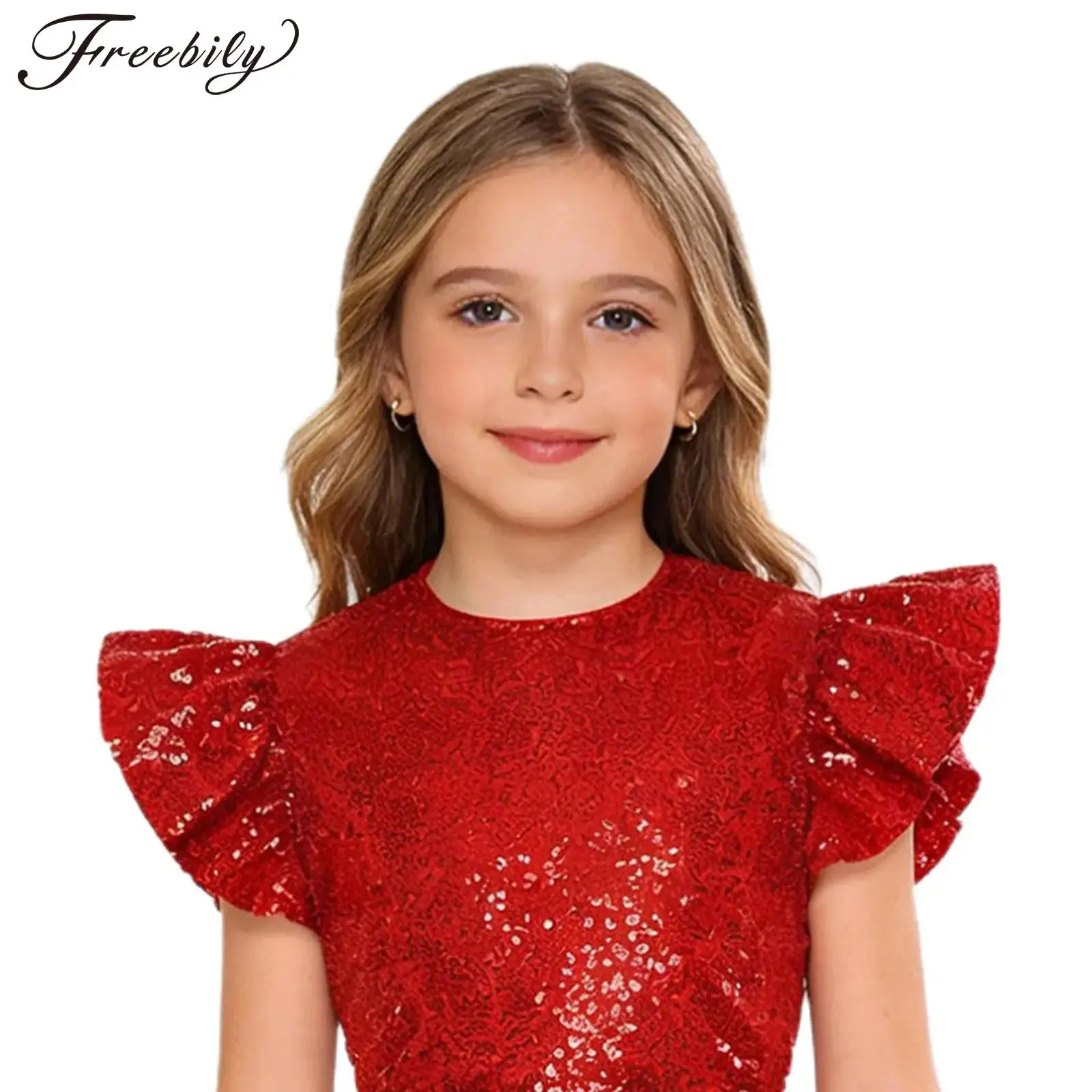 

Childs Shiny Crop Top Kids Girls Sequin T-shirt Fly Sleeve Party Tops Fashion Street Prom Stage Performance Jazz Dance Costume