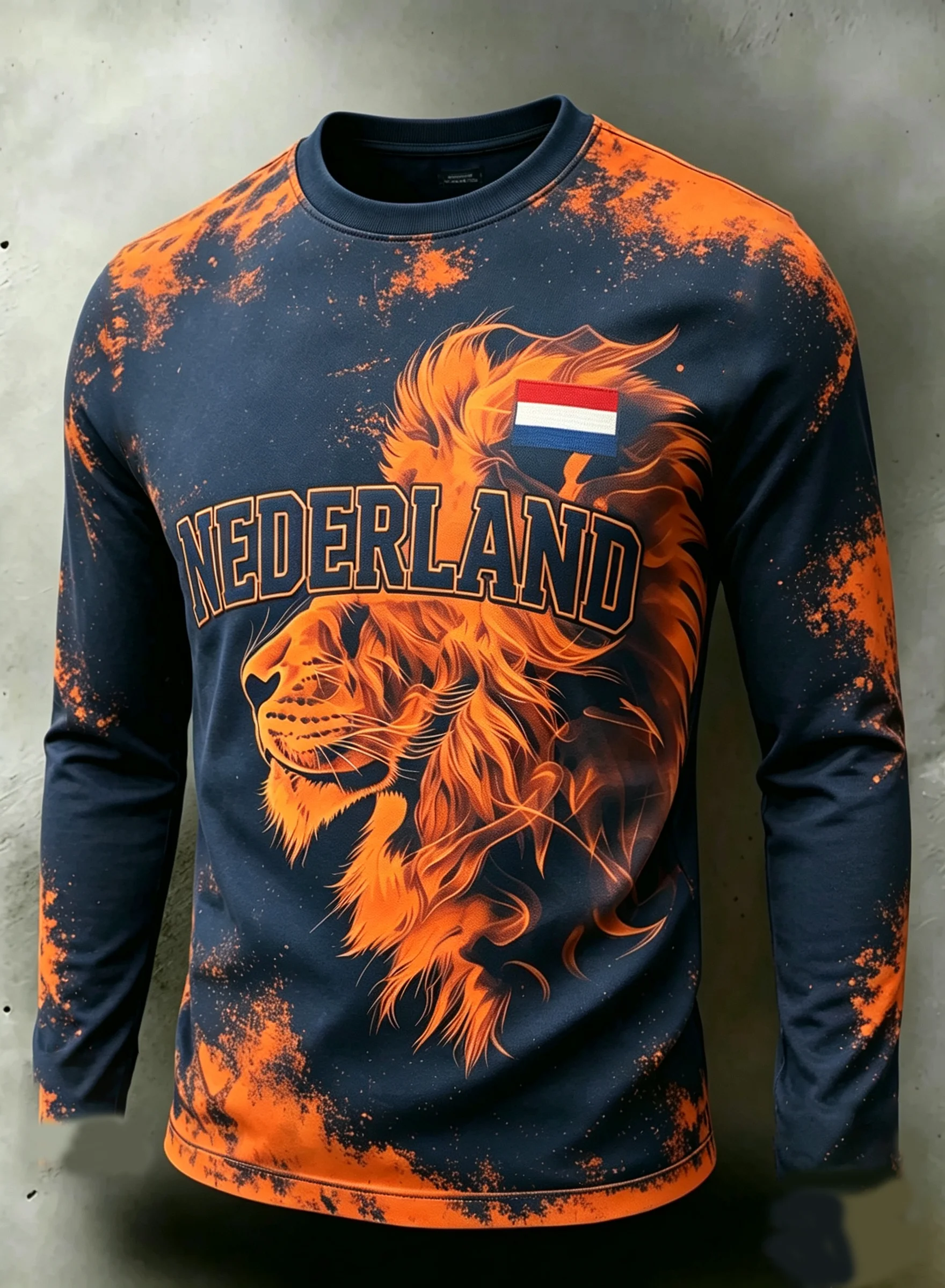 2026 Men Crew Neck Long Sleeve Tee Netherlands Orange Lion 3D All Over Print Quick Dry Breathable Casual Outdoor Daily Tops