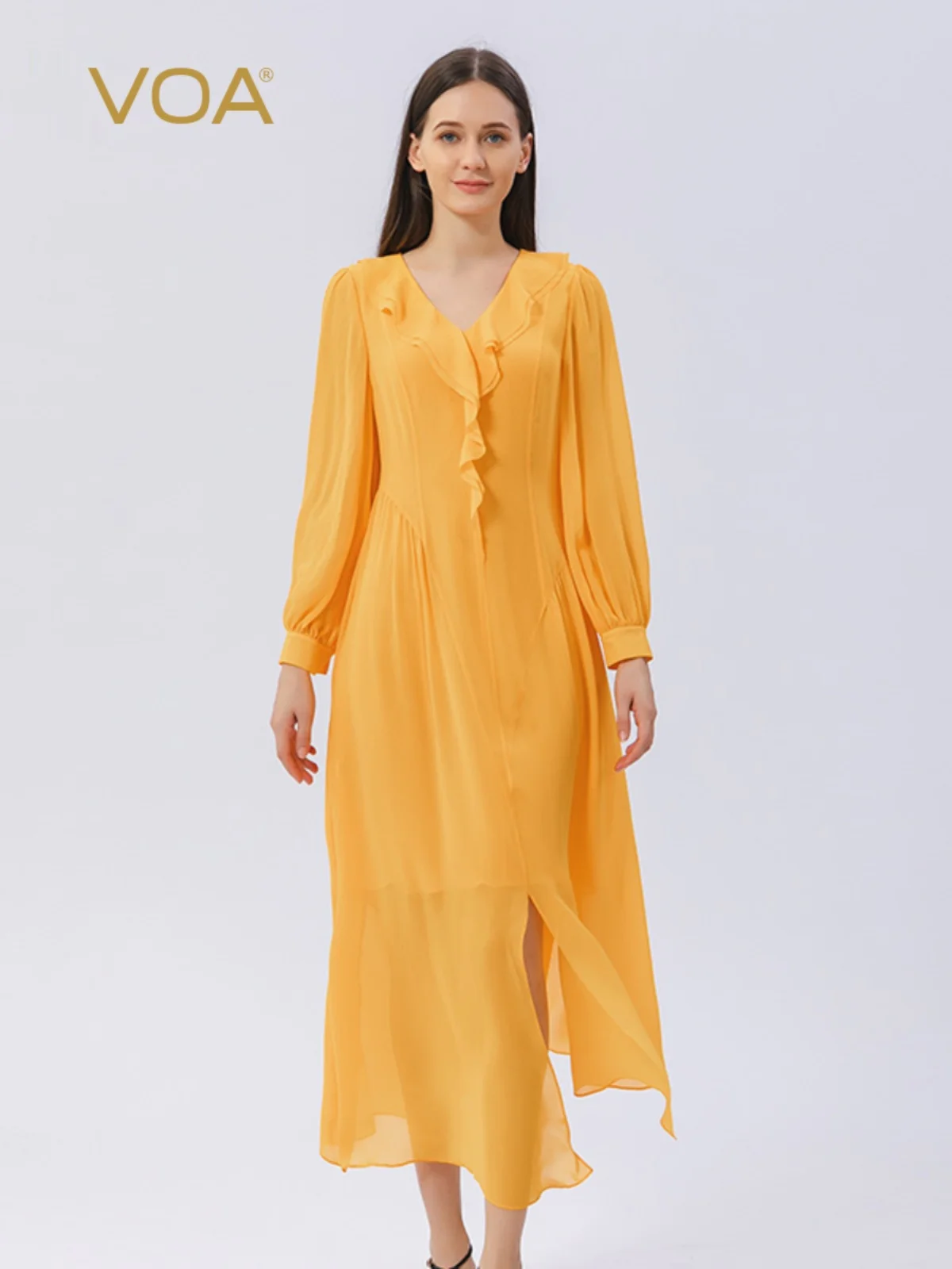 Voa seda dupla camada georgette boneca colarinho borda áspera artesanato camisa de manga comprida streamer grande pêndulo vestido de seda amoreira ae1122