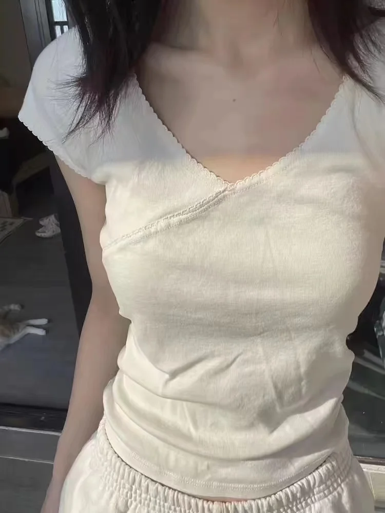 Women Vintage Solid Stitching T-shirt Y2k Korean V Neck Short Sleeve Slim Fit Tops Tees Summer Streetwear Sweet Shirts Clothes