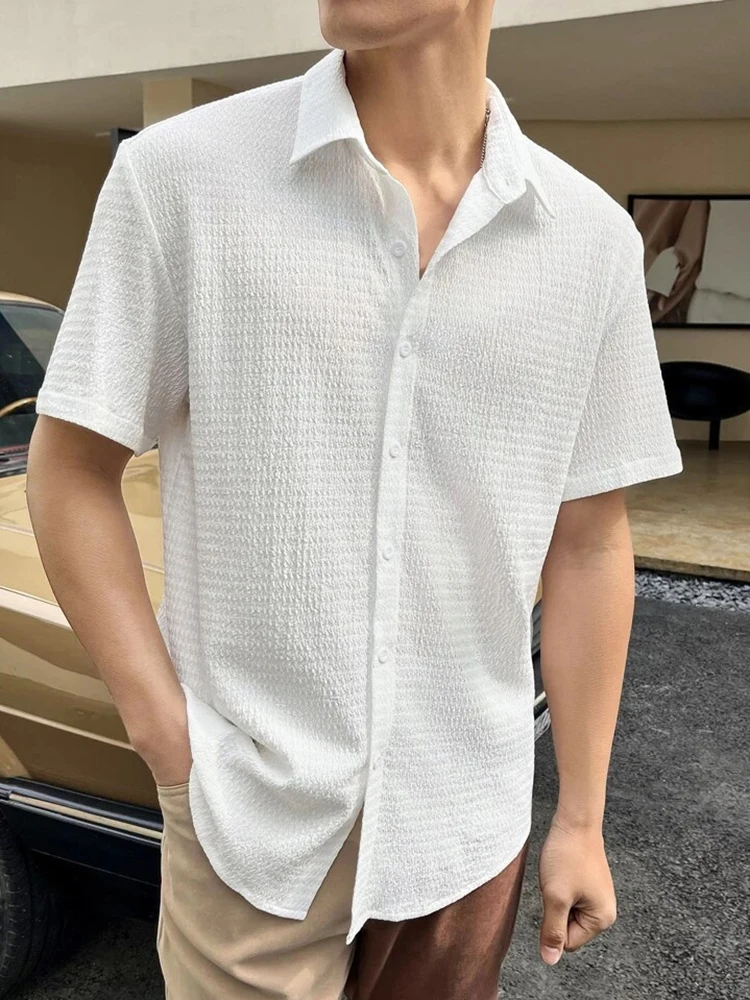 

Summer Casual Office Male Shirts Pure Color Short Sleeve Breathable Shirt For Men Clothes Vintage Turn-down Collar Buttoned Tops