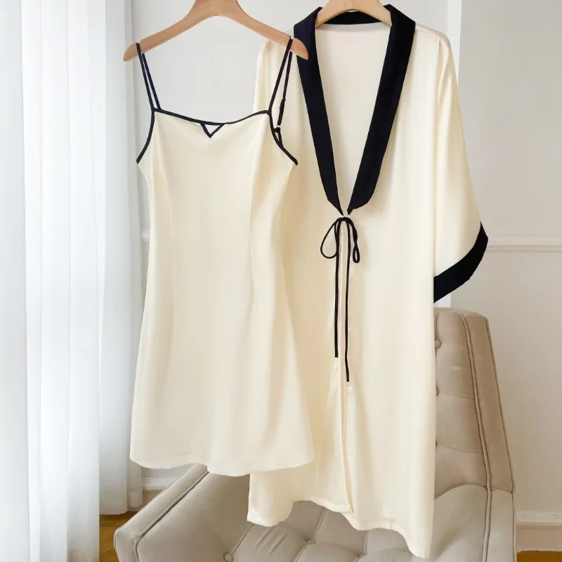 Sexy Twinset Robe Set Loose Casual Kimono Women Nightdress Summer Satin Bathrobe Home Clothes Intimate Lingerie Spaghetti Strap