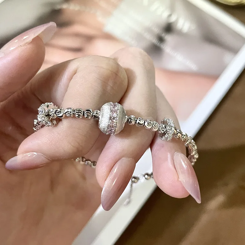 AETEEY S925 Sterling Silver Brushed Hollow Inlaid Diamond Bracelet Light Luxury Delicate Stackable Women Wrist Jewelry