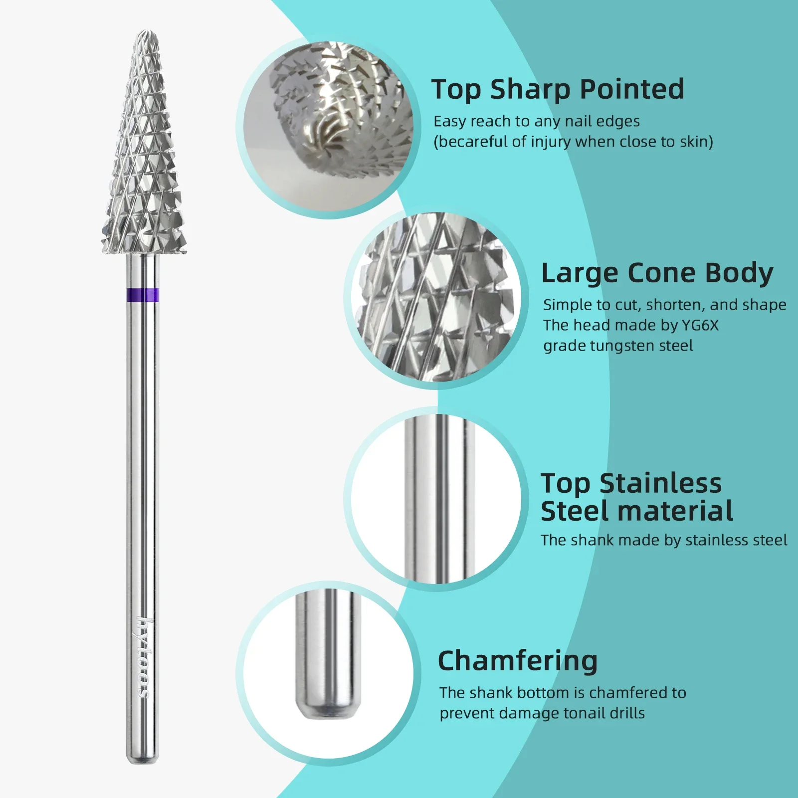 HYTOOS-brocas de carburo cónico para uñas, accesorios de taladro eléctrico profesional de corte cruzado para eliminación de esmalte de Gel, herramienta artística para uñas