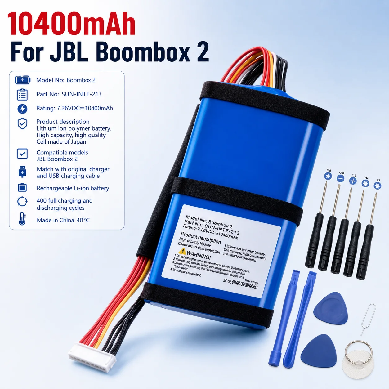Ersatzakku 10400mAh für JBL Boombox 2 Bluetooth-Lautsprecher, kompatibel mit SUN-INTE-213 wiederaufladbarem Akku.