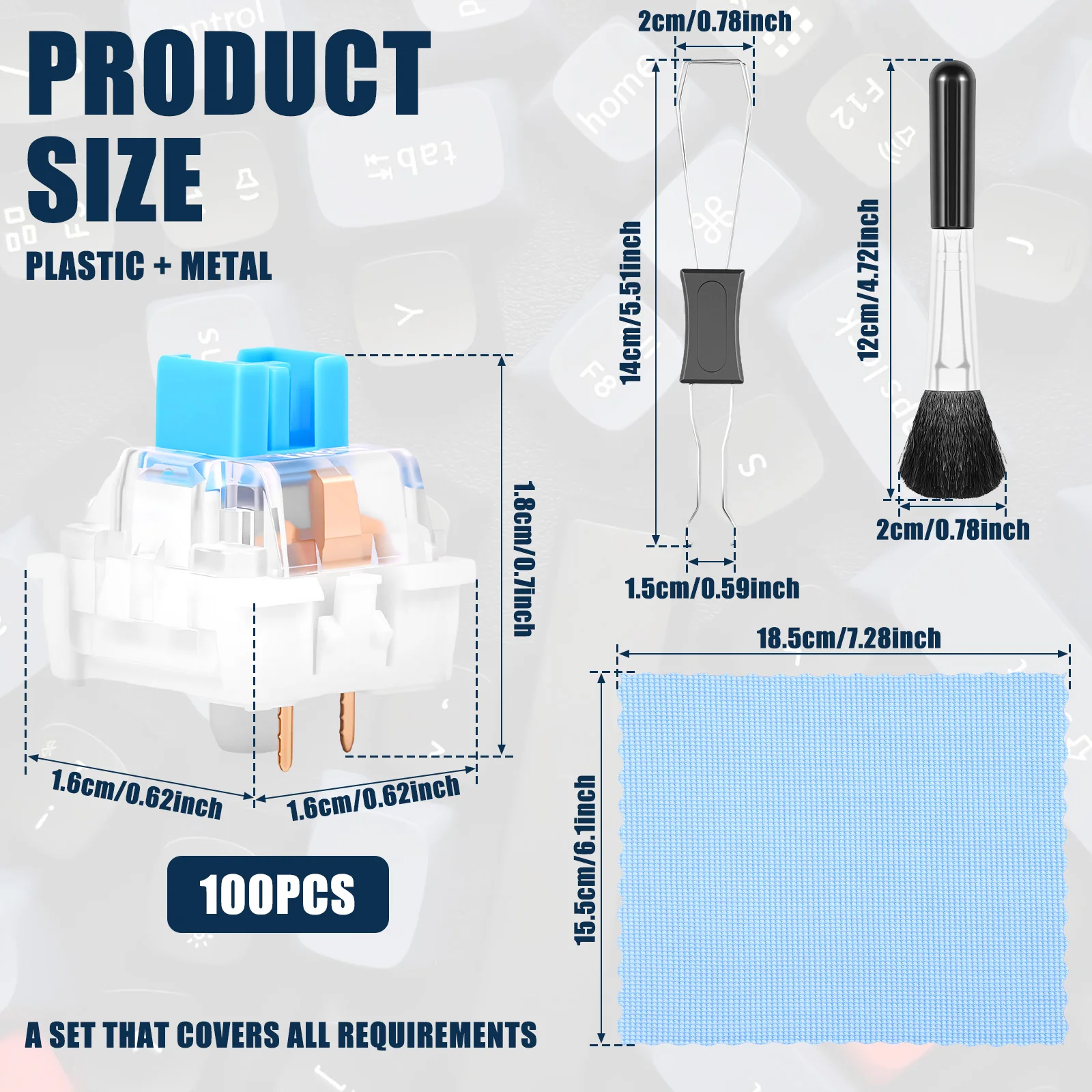 100Pcs 3 Pin Mechanical Keyboard Switches Tactile Clicky Hot Swap Transparent DIY Kit With Keycap Puller Brush Cleaning Cloth