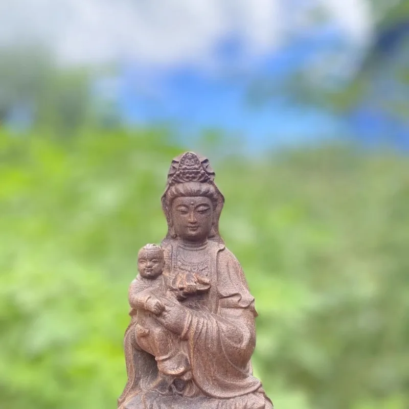 Hand Carved Wood Send Child Guanyin Statue Figurine - Fertility Blessing Kuan Yin Bodhisattva Ornament Home Temple Altar