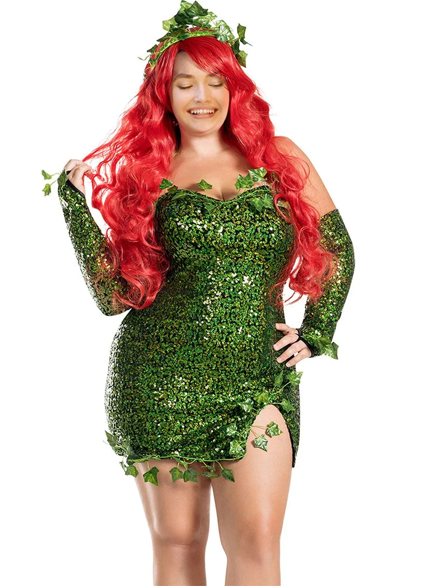 Women's Poisonous Villain Sexy Cosplay Costume Dress Set Halloween Deluxe Green Ivy Costume Sequin Dress