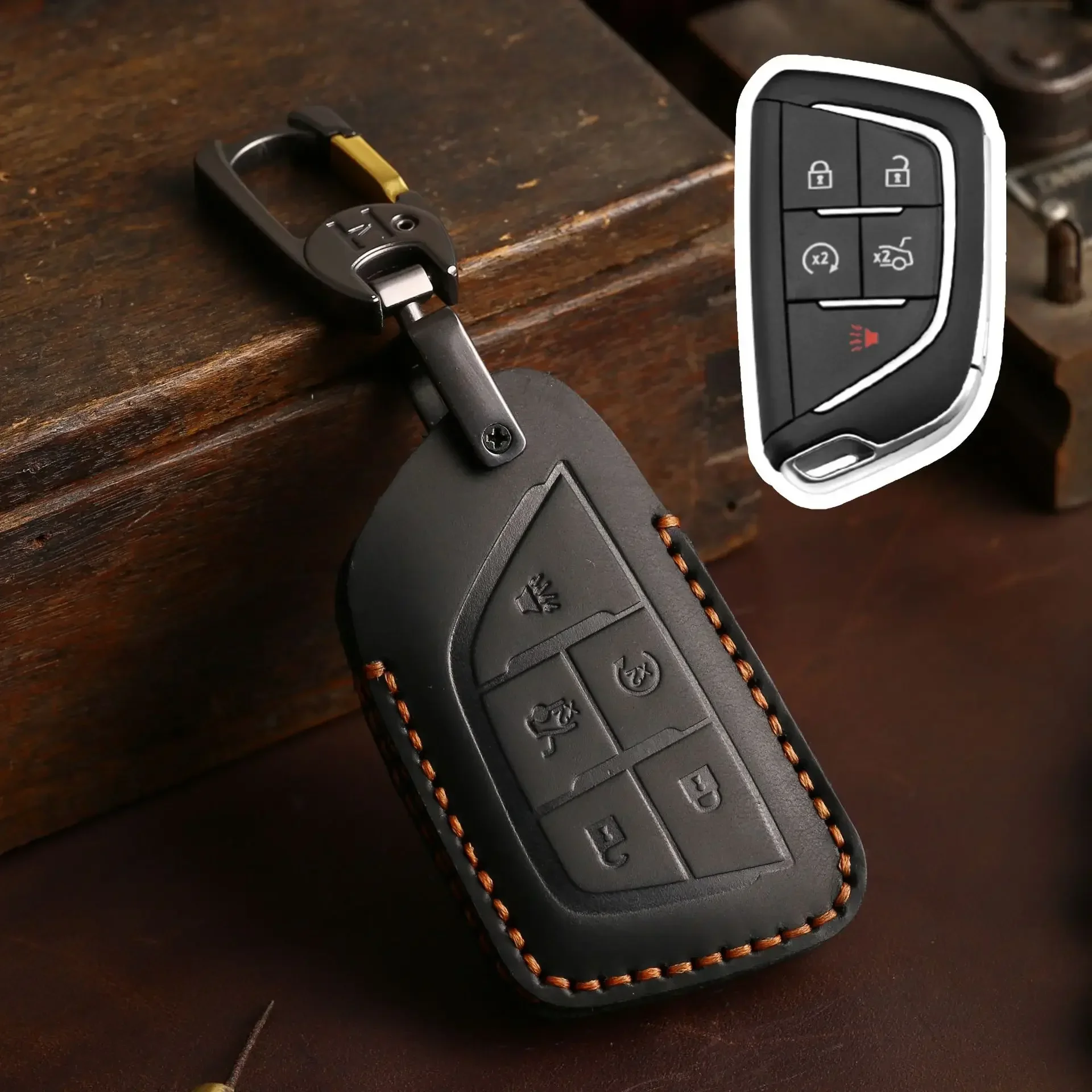 5button Leather Car Key Cover Case for Chevrolet Corvette Suburban Tahoe Cadillac Escalade CT4 CT4-V CT5 XTS CT6 C8 GMC Yukon