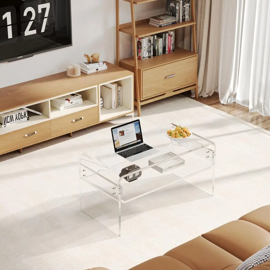 Coffee Table, Clear Rectangle Side Table Furniture, Modern Tea Table With Open Storage, End Table for Living Room, Office Recept