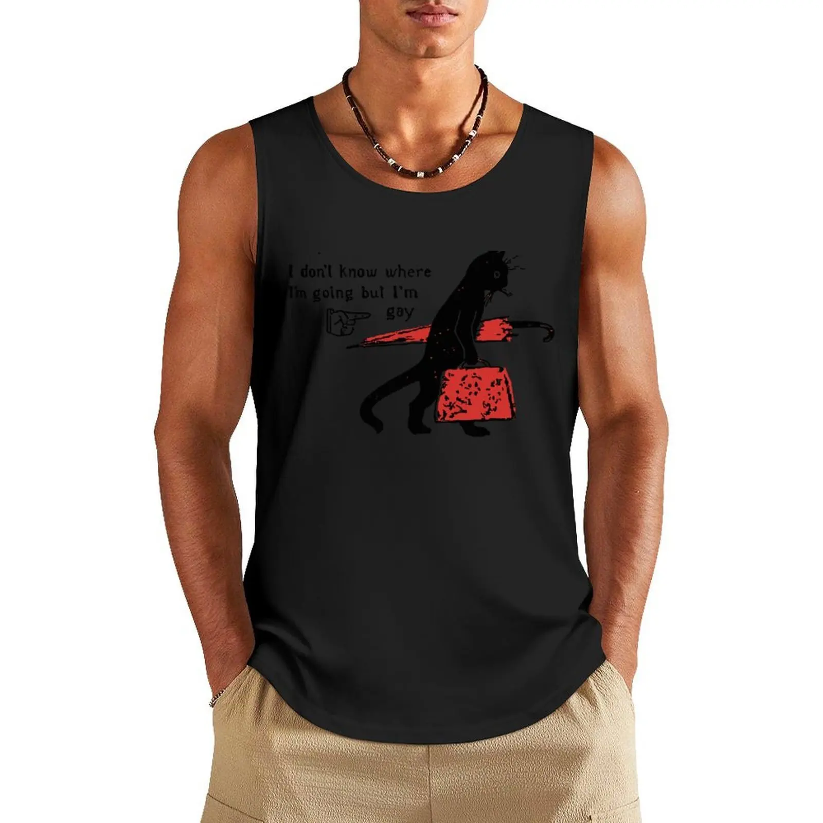 

I don't know where im going, Gay Black Cat with Umbrella, Vintage Tank Top gym clothes for man Men's singlets Male vest