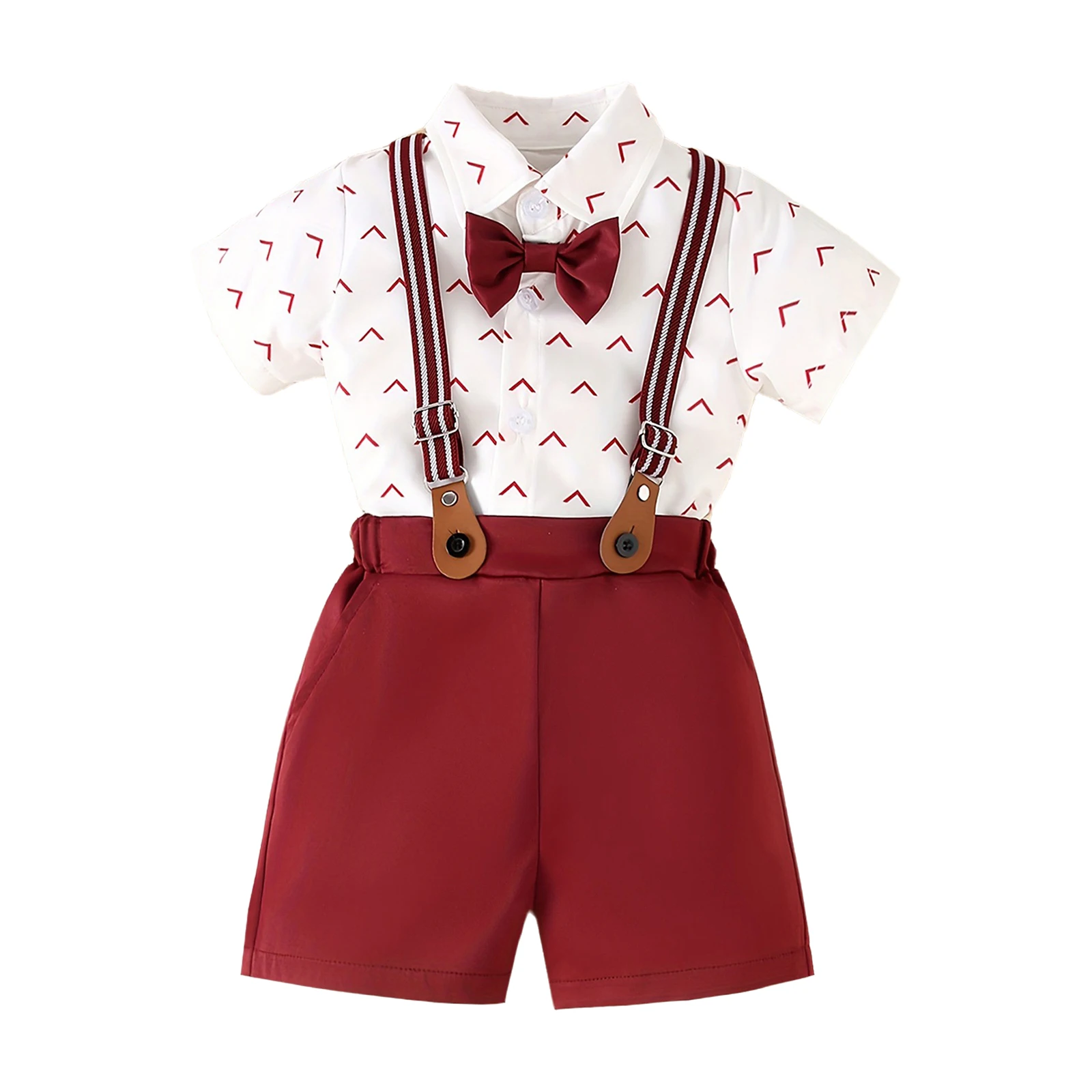 

Летний джентльменский костюм для маленьких мальчиков: рубашка с коротким рукавом, галстуком-бабочкой и принтом, шорты на подтяжках для свадьбы, дня рождения, фотосессии