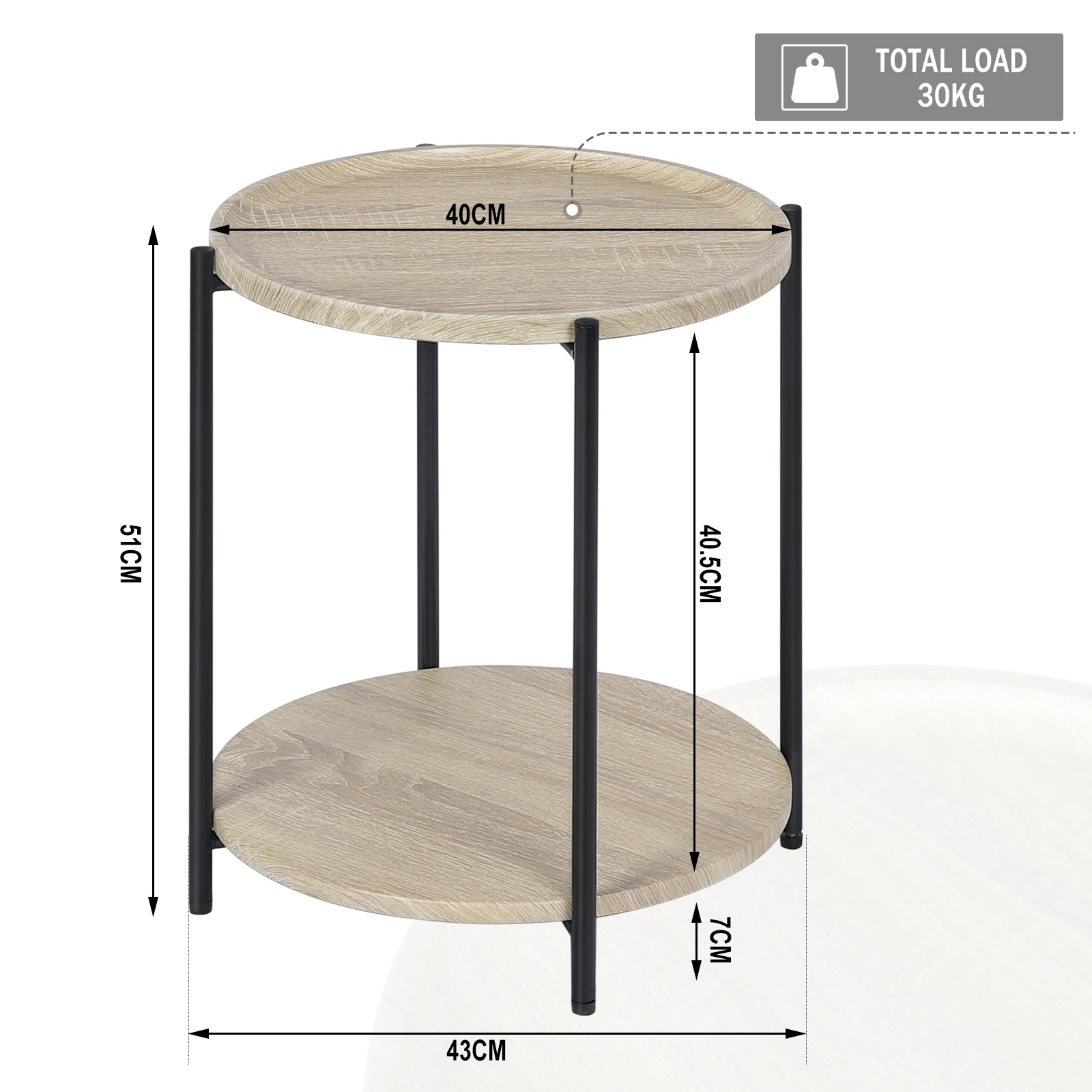 Ronde salontafel met 2 planken, verwijderbaar tafelblad, bank, telefoon, thee, nachtkastje voor woonkamer, slaapkamer, thuis