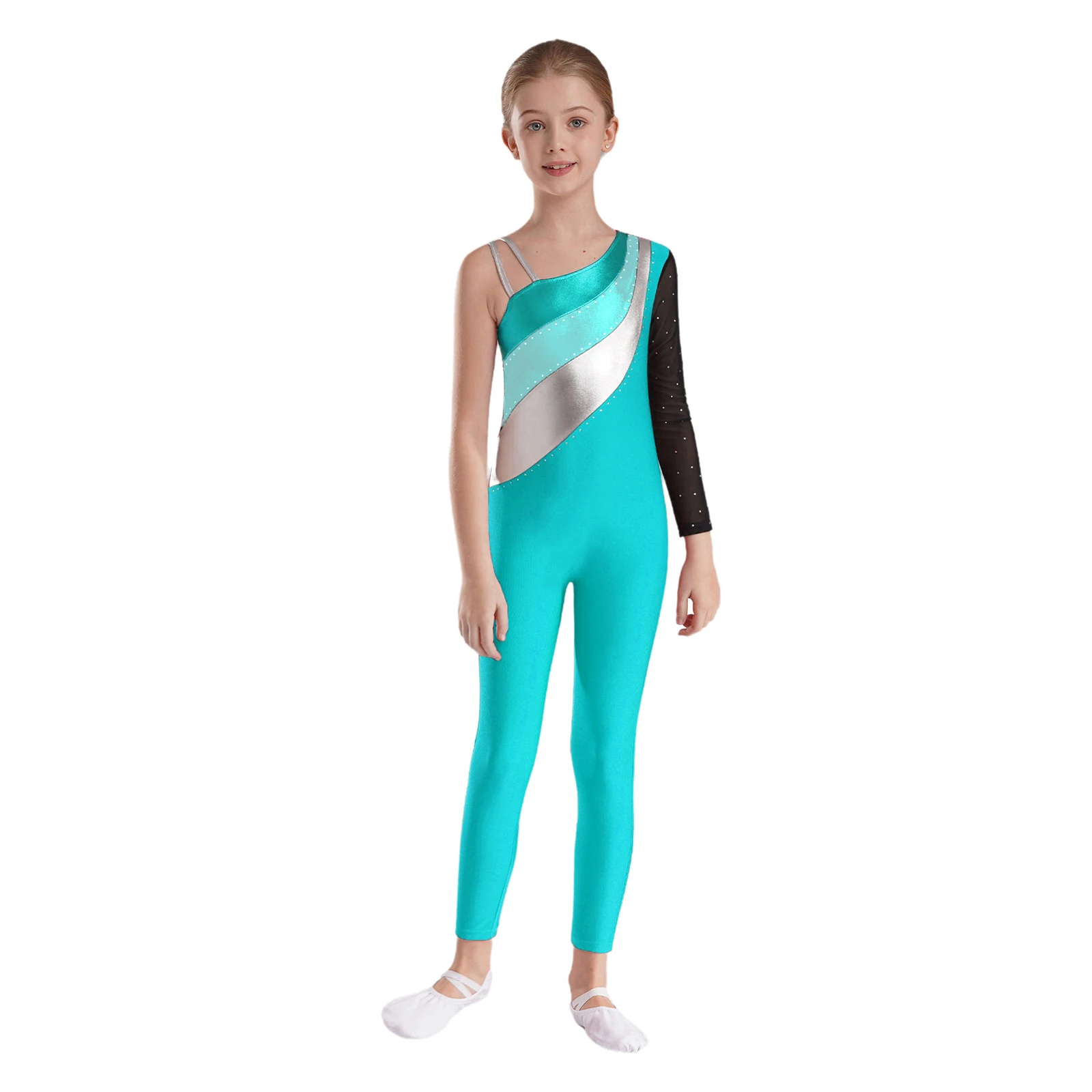 Kids Girls Gymnastics Jumpsuit One Shoulder Long Sleeve Metallic Patchwork Children Figure Skating Bodysuit Teens Dance Leotards