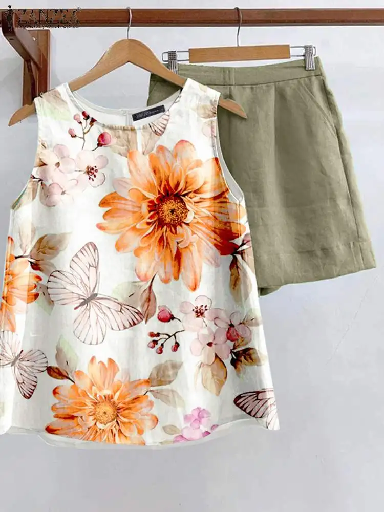 ZANZEA Casual Loose Summer Short Sets Elegant Floral Tank Tops Solid Elastic Waist Shorts 2pcs Outfits Holiday Tracksuits 2024