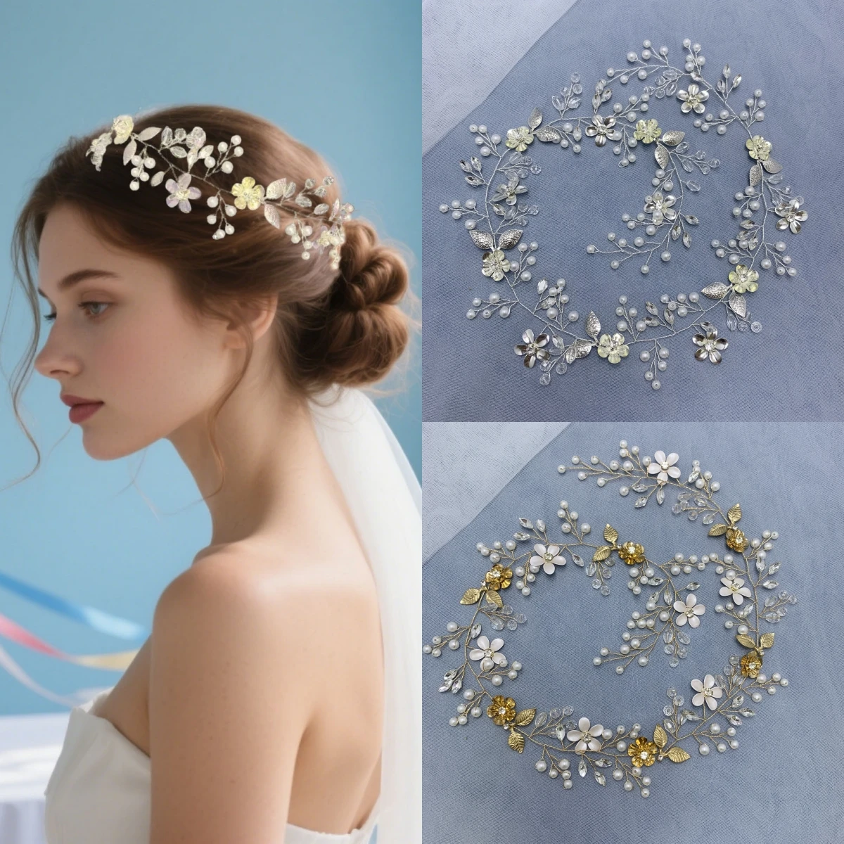 Handmade Fashion Crystal Leaf Hair Vine Headband Pearl Hairband Tiara Bridal Wedding Hair Accessories Jewelry Hair Vine Headband