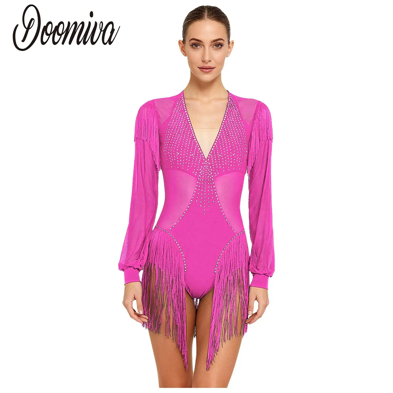 

Women Latin Dress Tango Cha-Cha Dance Costume Long Sleeve Shiny Rhinestones Leotard Rumba Fringed Dress for Formal Performance