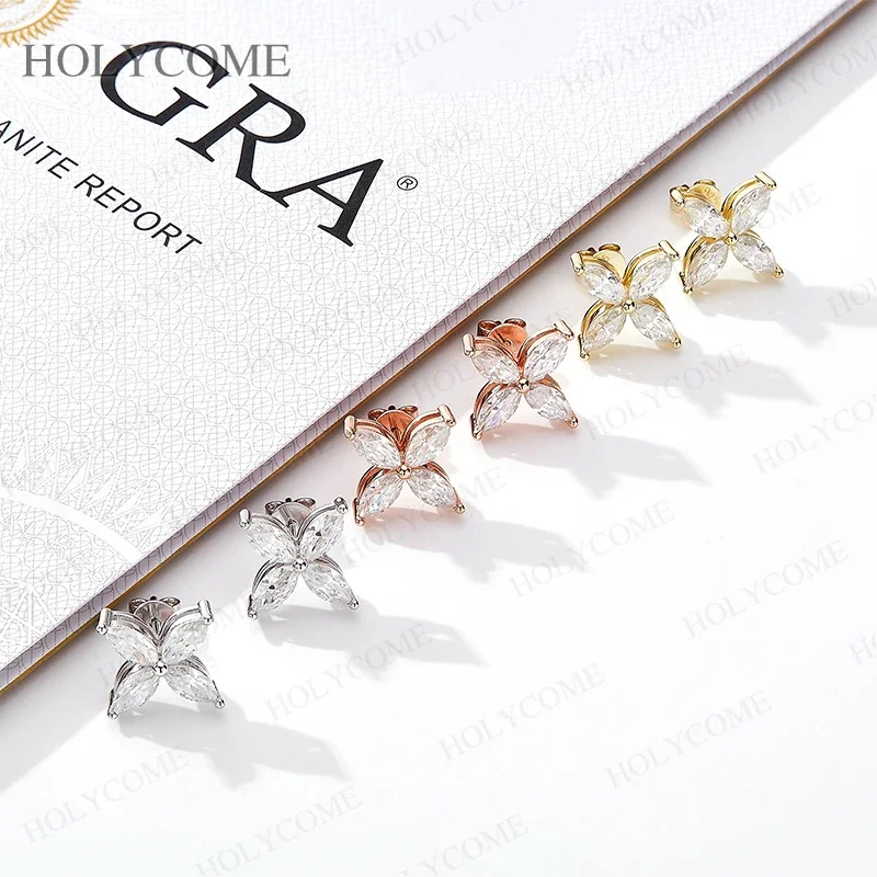 Earrings Marquise Cut Moissanite Jewelry D Color Four-Leaf Clover One-Pair S925 Sterling Silver Plated 18K for Anniversary Gift