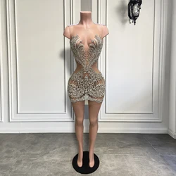 Luxury Heavy Beaded Sparkly Crystals Women Birthday Party Gowns Silver Sexy Sheer See Through Black Girls Short Prom Dress 2026