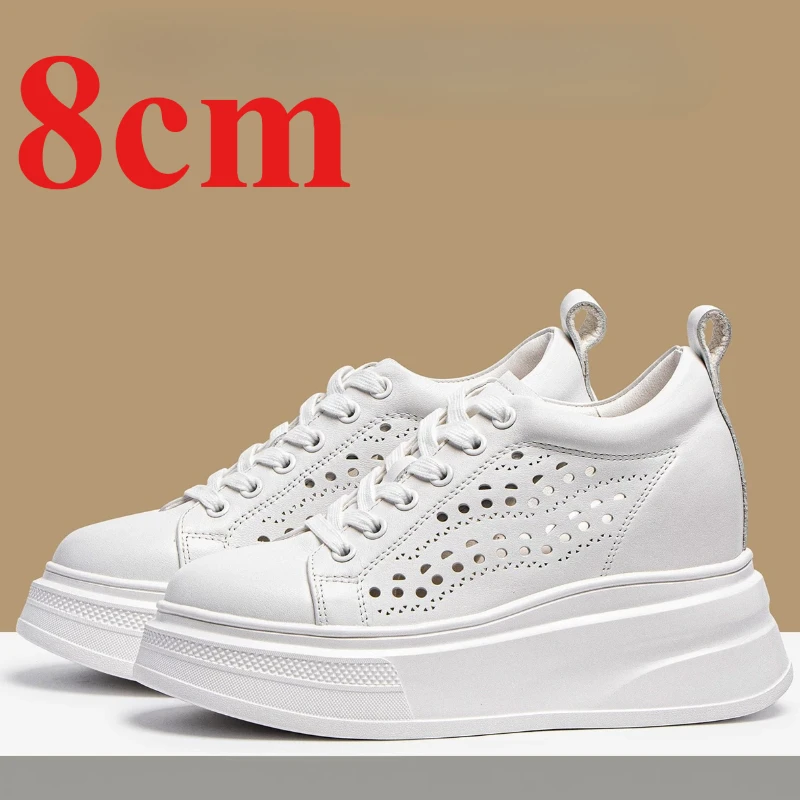 Genuine Leather Summer Hollow Woven Casual Shoes for Women's 10cm Elevator Sports Shoes Breathable White Height Increasing Shoes