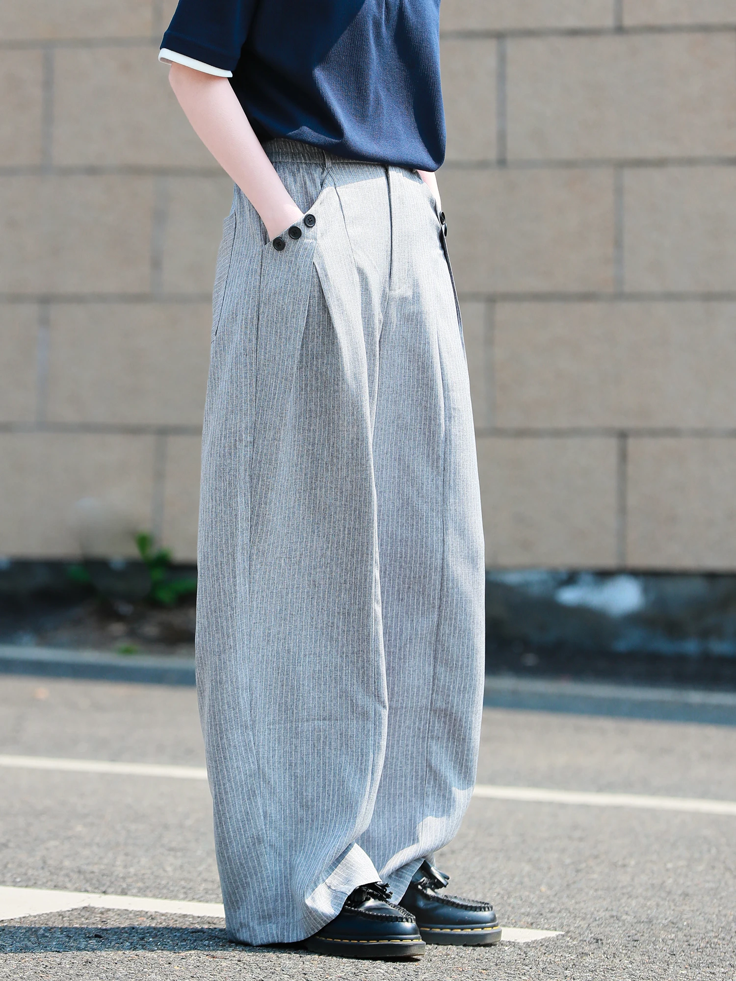 

Мужские брюки с высокой талией и широкими штанинами, повседневные, свободные, тонкие, в полоску, в японском стиле, весна-осень