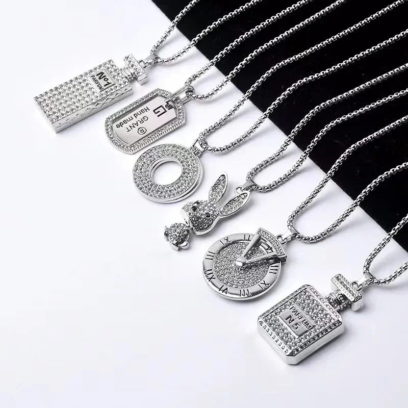 WANZHI Hip Hop Diamond Studded Pendant Necklace for Men Women Long Animal Geometry Sweater Chain Fashionable Jewelry Accessories