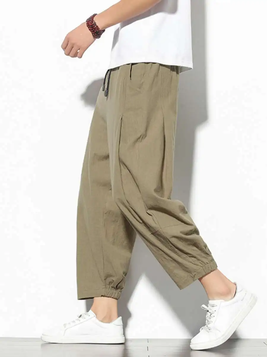 

Новые мужские летние тонкие брюки из льна и хлопка, свободные прямые повседневные брюки-чинос с завязками на талии, длина 7/8
