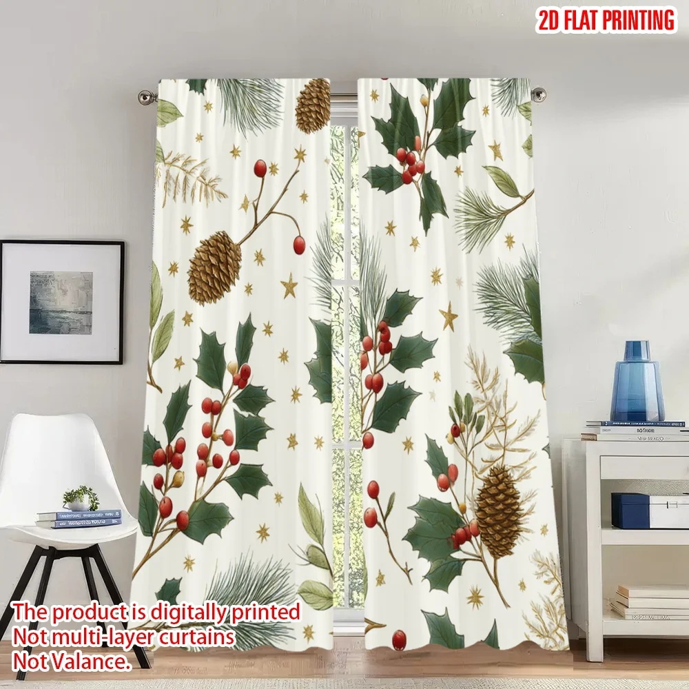

2pcs 2D flat printing Merry Christmas Trendy Curtains Christmas Holly Pine Stars Digital Printed Polyester Drapes Family Party