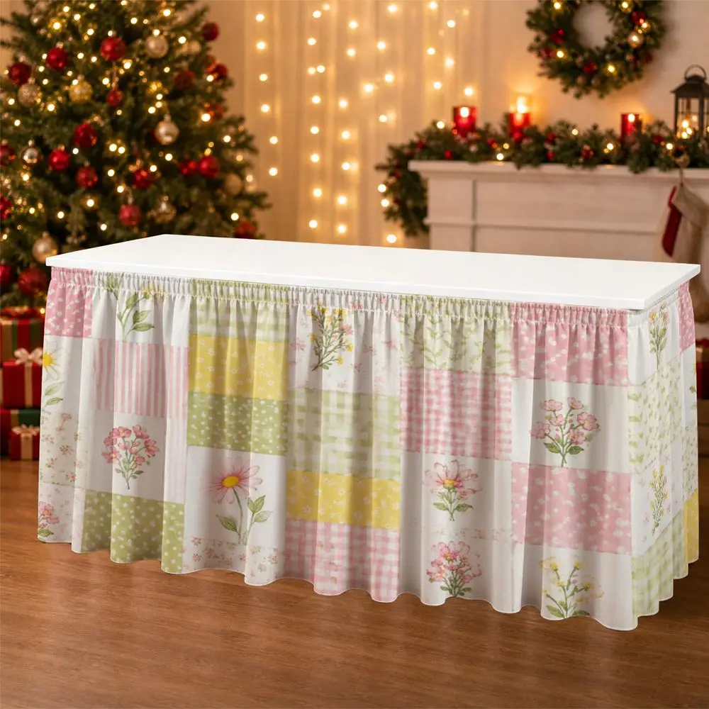 One-piece set with tablecloth decoration. Soft-colored floral patchwork overlock pattern printed ruffled edge tablecloth.