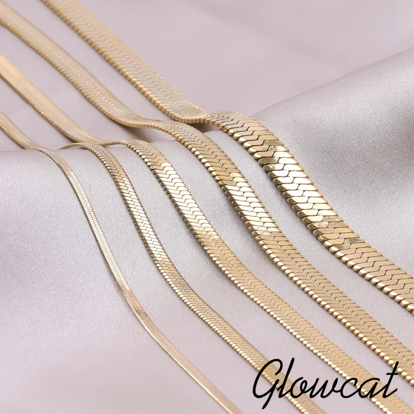GLOWCAT 2/3/4/5/6mm Łańcuch węża Naszyjniki dla kobiet Mężczyźni Akcesoria Płaskie łańcuchy ze stali nierdzewnej na szyi Naszyjnik Biżuteria
