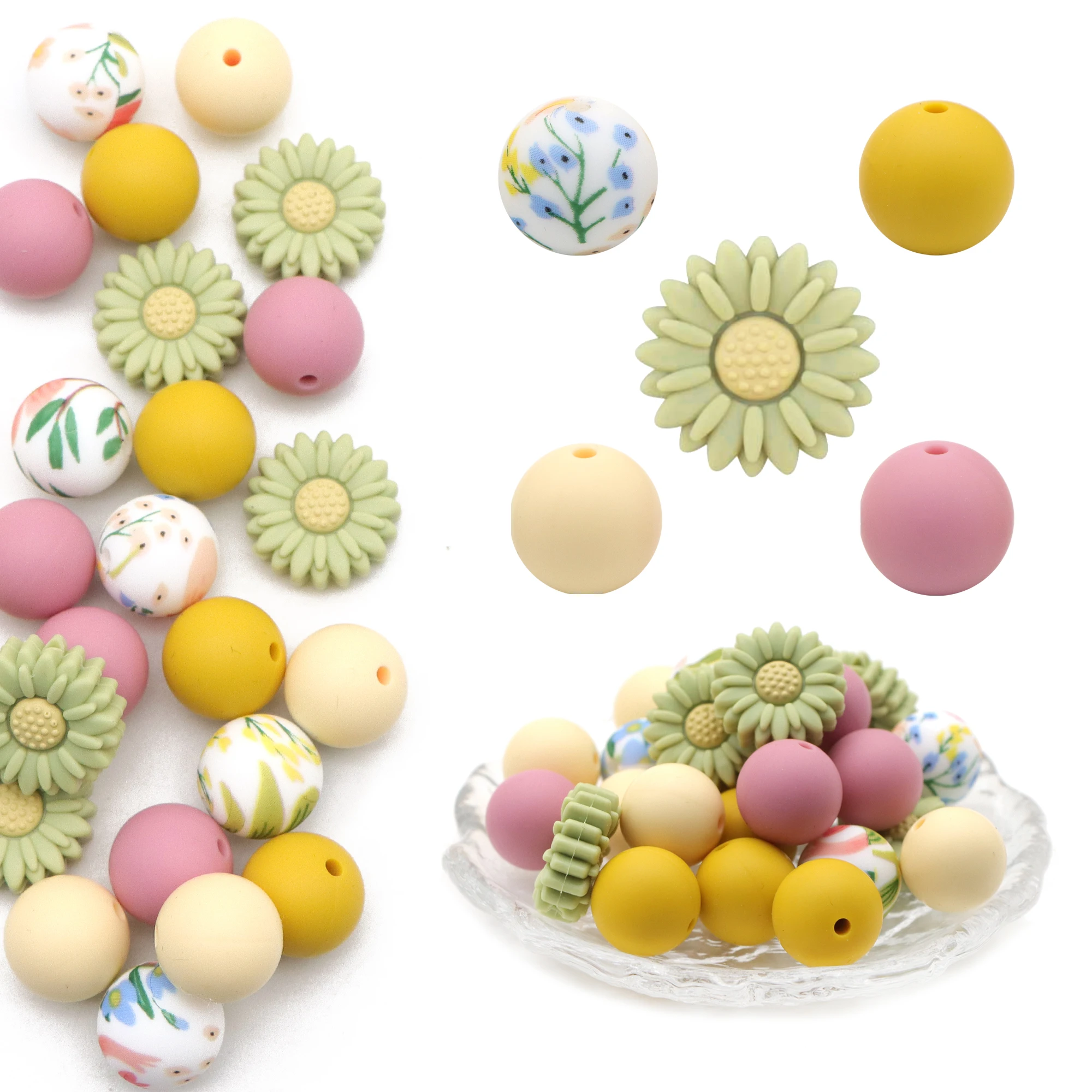 25 Pcs/Set Silicone Daisy Beads Animals Printing Loose Beads Lentil Round Set Keychain Bracelet Necklace Accessories DIY Jewelry