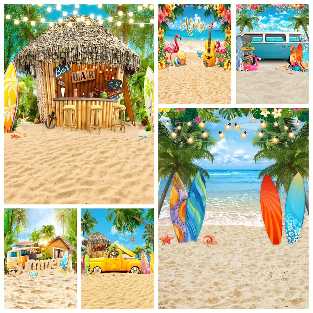 

Summer Beach Hawaiian Photography Backdrop Tropical Palm Tree Surfboard Cottage Car Baby Birthday Holiday Party Photo Background