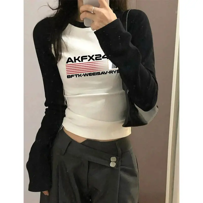 Hikigawa 2023 Summer Contrast Color Letter Print T-shirts Casual O Neck Chic Fashion Tops Women Long Sleeve Roupas Femininas