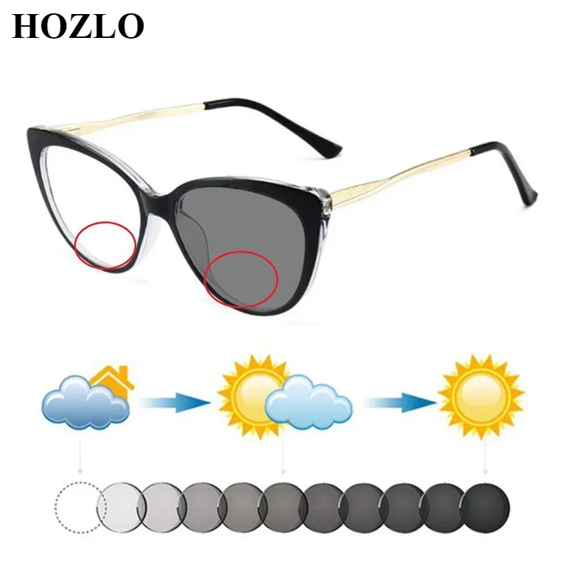 Europe America Fashion Women TR Cat Eye Photochromic Bifocal Reading Sunglasses Female Hyperopia Prescription Glasses Gift