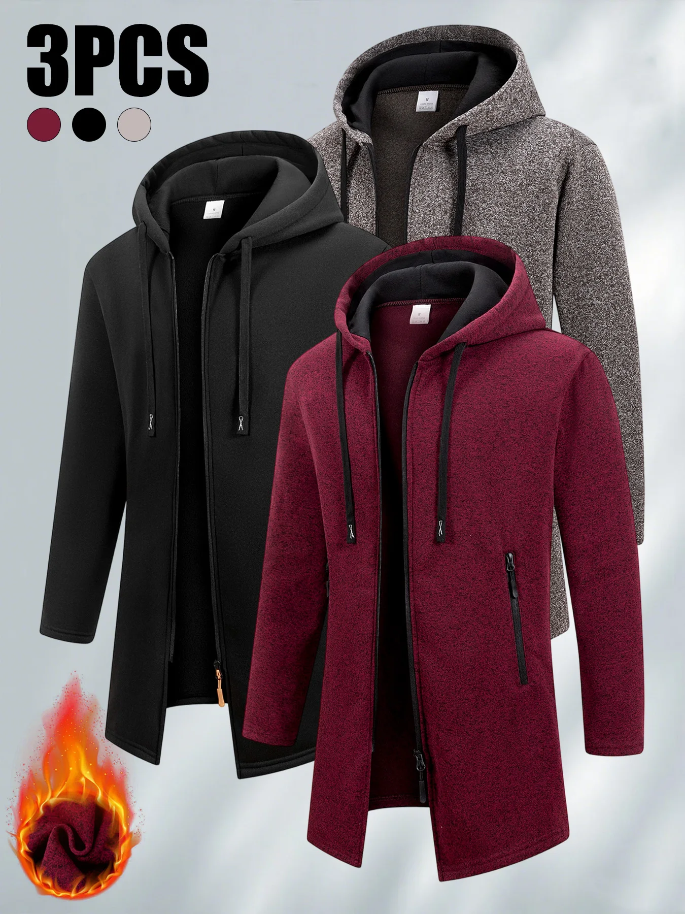 

3 шт./компл. мужские длинные куртки с капюшоном, осень-зима, теплое шерстяное пальто на молнии, уличная свободная повседневная уличная одежда, толстовки с длинными рукавами